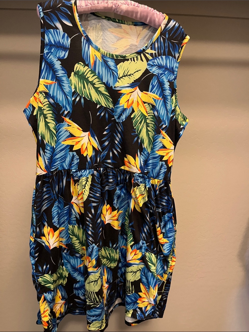 Girls Black Tropical Leaf Print Dress with Blue & Yellow Accents